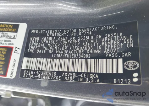 2014 Toyota Camry Xle from USA, damaged, VIN 4T1BF1FK1EU784982